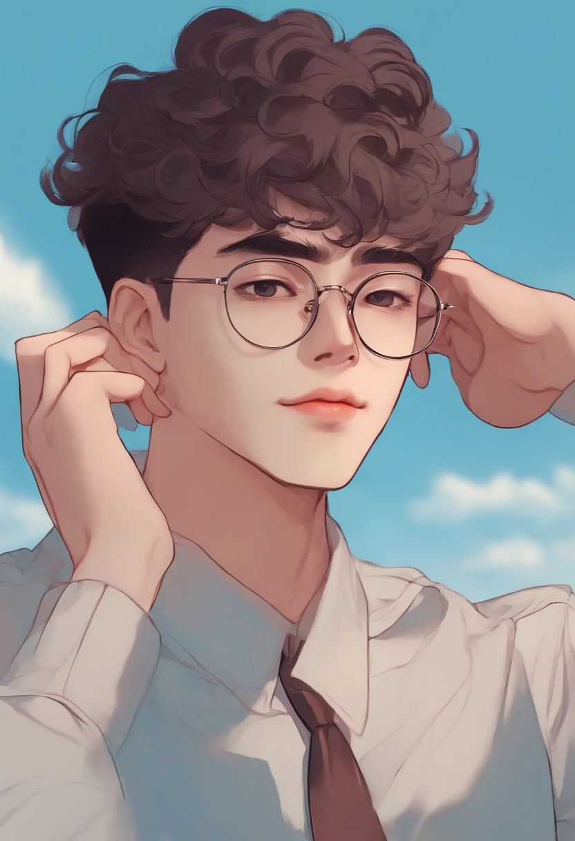 Close-up of a 22-year-old with glasses on his head, cabelo rosa curto,Hair three or seven stitches,The background is modified to light blue,Retrato Lofi, Elogio Artstyle, retro anime boy,