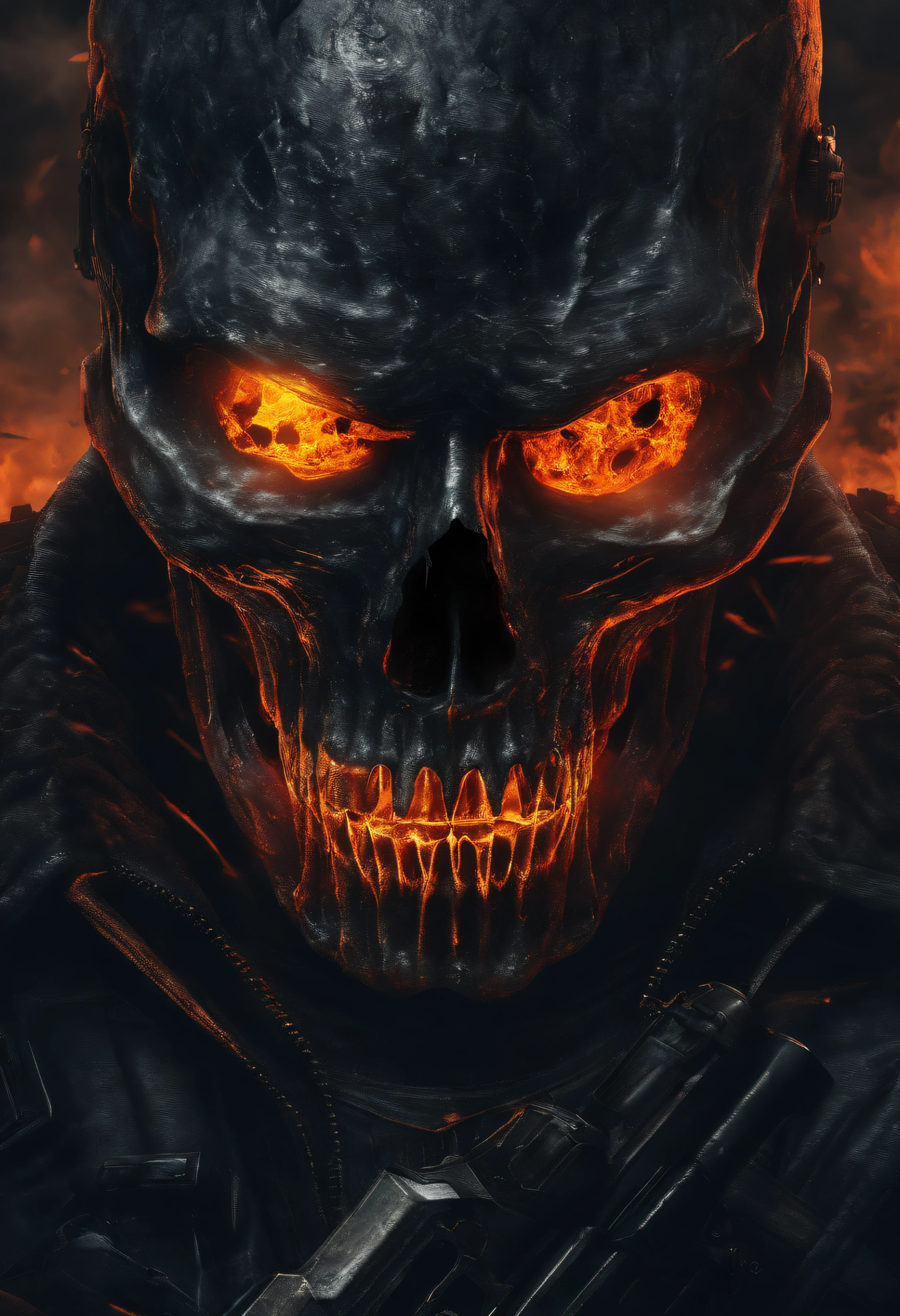 A terrifying skull engulfed in dark, ominous flames, exuding an aura of stoicism and death, anguished intensity, dramatic chiaroscuro lighting, haunting and ominous atmosphere, intricate details, photorealistic, hyper-detailed, cinematic composition, dark fantasy, gothic