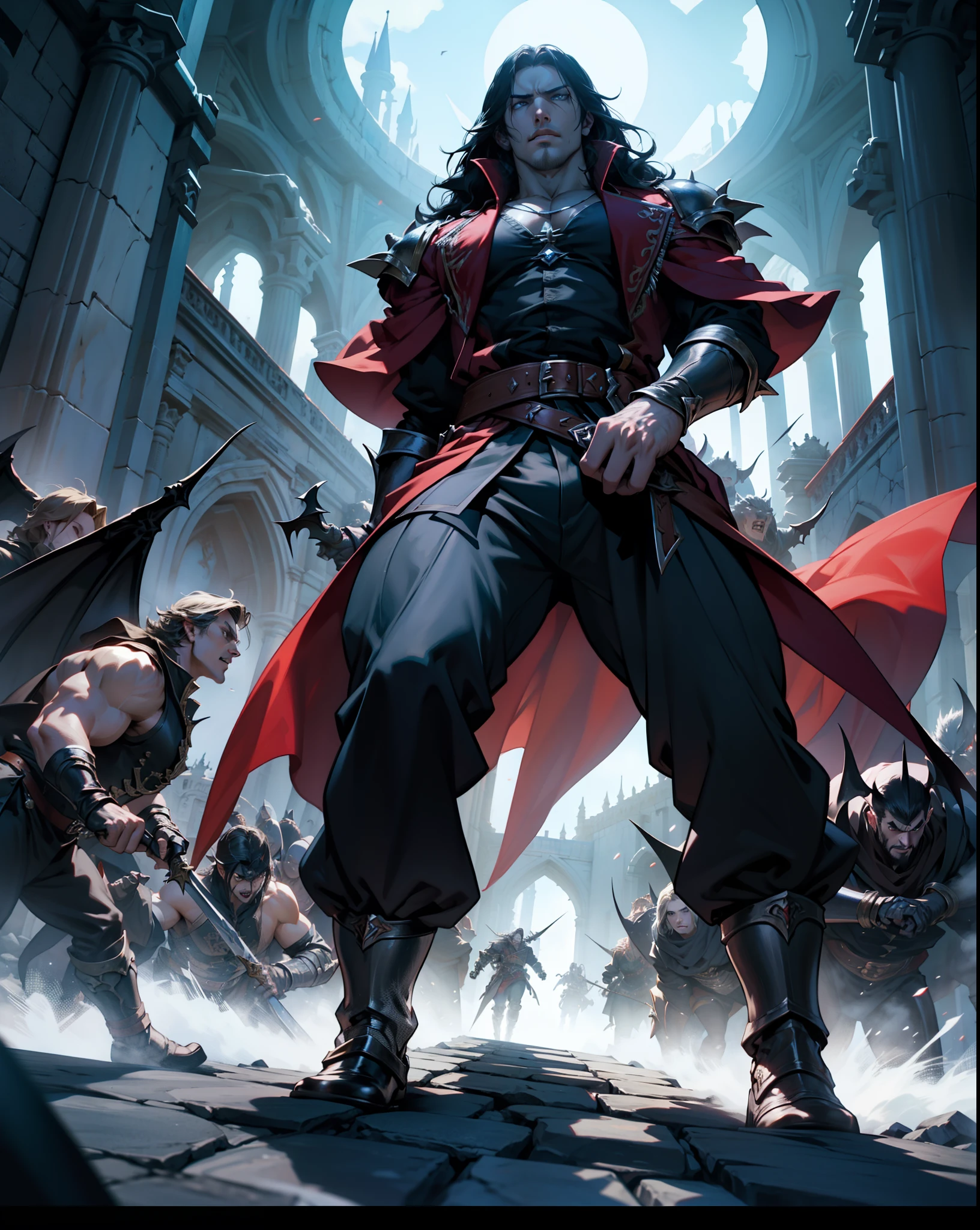 Castlevania Shadow Lord hyper realistic super detailed Dynamic shot masterpiece cinematic scene scenes movie Epic Legendary Lord Dracula leading troops armed with demons into battle Hyper realistic warfare super detailed