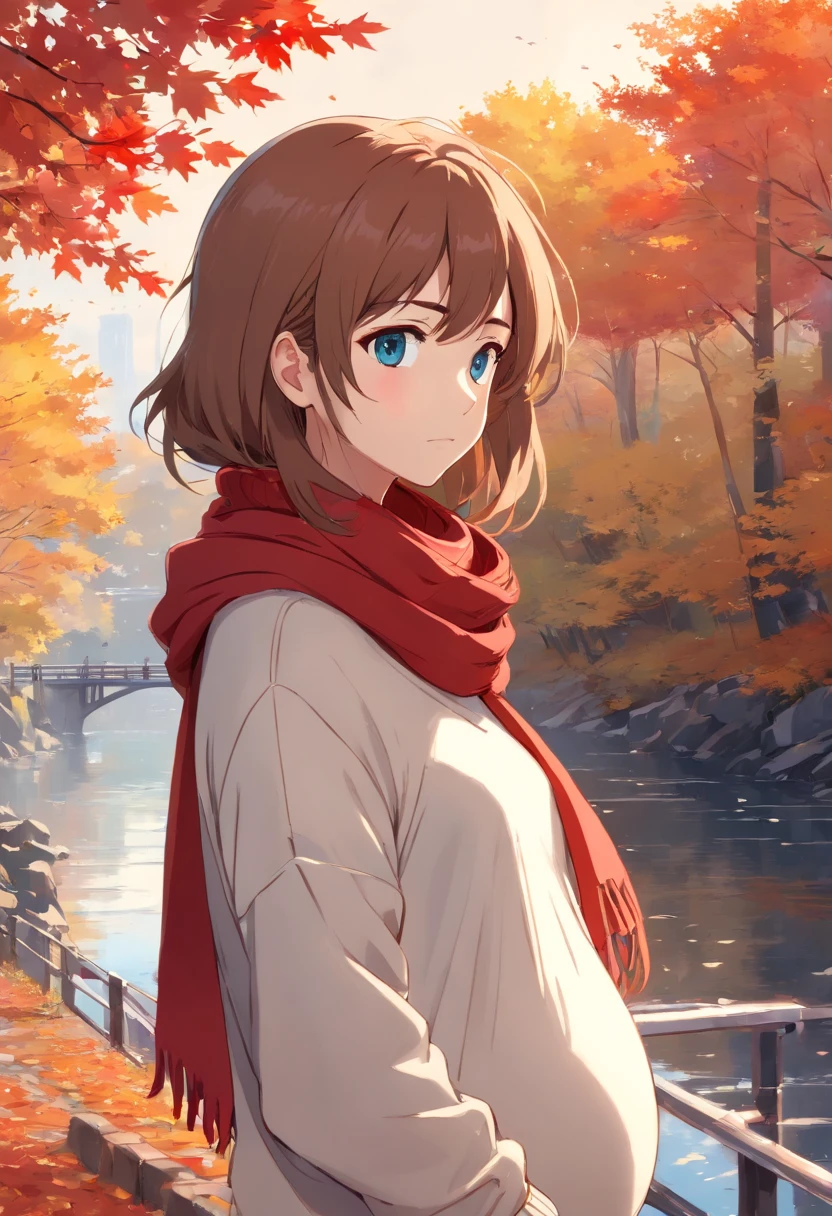 (masterpiece), best quality, ultra-detailed, illustration, warm lighting, soft lighting, bright colors, 1 girl, solo,( beautiful girl, long hair, blue eyes, ribbon, brown hair, hair between eyes, hair ribbon, sidelocks, very long hair, messy hair,) , autumn, many maple tree, maple leaves, golden leaves, fall foliage, Dried leaves, river, crisp air, peace, cool breeze , sweater weather,( wear white or brown sweater, red scarf, Moody fall, Wistful, Melancholy, sad ,worried, Longing,), pregnant, holding her pregnant stomach