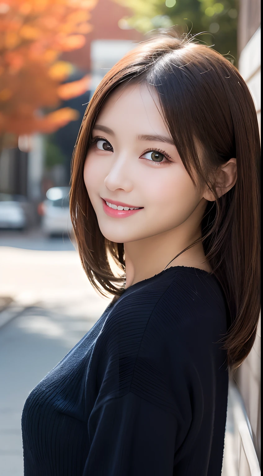 masutepiece, Best Quality, Illustration, Ultra-detailed, finely detail, hight resolution, 8K Wallpaper, Perfect dynamic composition, Beautiful detailed eyes, Women's Fashion Autumn,Straight hair,small tits,Natural Color Lip, Bold sexy poses,Smile,Harajuku、20 years girl、Cute、Sexy shot looking at camera