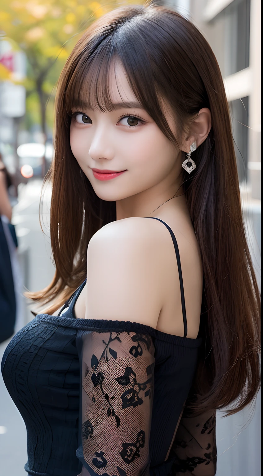 masutepiece, Best Quality, Illustration, Ultra-detailed, finely detail, hight resolution, 8K Wallpaper, Perfect dynamic composition, Beautiful detailed eyes, Women's Fashion Autumn,Straight hair,small tits,Natural Color Lip, Bold sexy poses,Smile,Harajuku、20 years girl、Cute、Sexy shot looking at camera