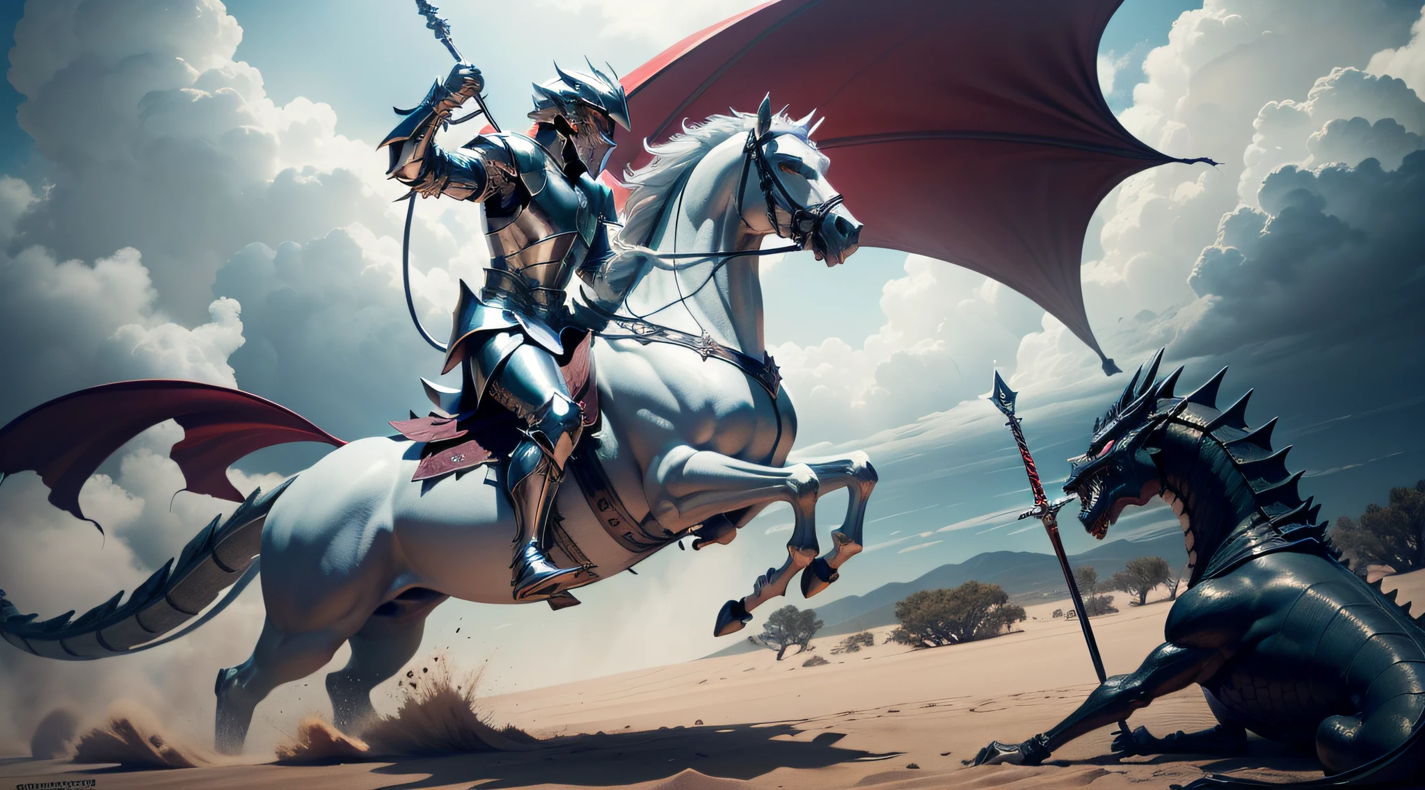 St. George in his majestic silver armor, montado em seu cavalo branco, Facing the fearsome black dragon lying on the ground. The scene is epic, with St. George wielding a spear in his hand and looking determined. The battle takes place in a challenging setting, com montanhas rochosas