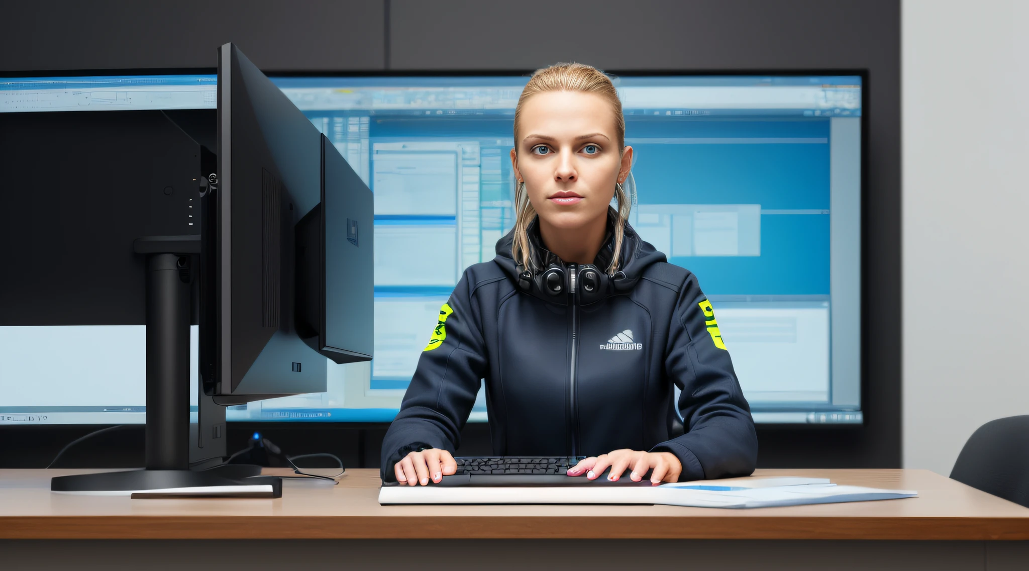 1girl, epic photograph of a woman presenting a computer put on a table, stood up, hacker suit, (futuristic:1.1), (hyperrealism:1.2), (8K UHD:1.2), (photorealistic:1.2), shot with Canon EOS 5D Mark IV, detailed face, detailed hair, perfect eyes, office room