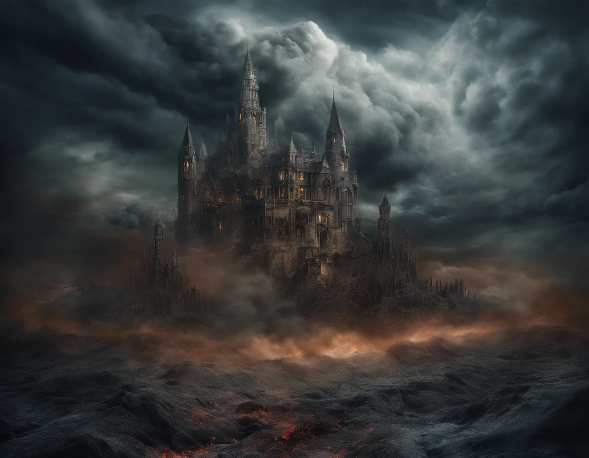 a flying island, a huge white castle is located on it, huge mechanisms spew clouds of blue smoke, panoramic view, clouds of smoke, storm clouds, (masterpiece), (vivid colors:1.3)