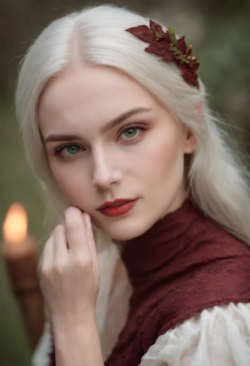 (((a deep reddish wound crosses her left cheek))) fair complexion, woman around 19 years old, natural white hair, distinctive green eyes, wearing kohl, slender and graceful, beautiful, candlelight in a medieval setting, ultra sharp focus, realistic shot, medieval female clothes, tetradic colors (scar:1.4)  nsfw