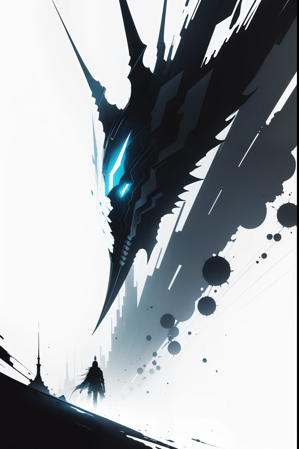 minimalistic ink drawing style, vanishing point on white paper, one line artwork by Tsutomu Nihei, watercolor splash art incorporated as complimentary elements, two colors tattoo, conceptual art
