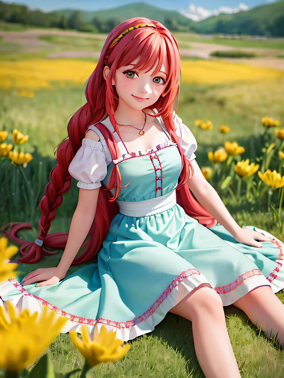 a cartoon of a very charming 16 year old viking girl a cartoon of a beautiful smiling girl called Berta, with red hair and braids from the 16th century. Long skirt, sitting on the ground. Full body,.enjoying a lovely spring outing surrounded by beautiful yellow flowers and nature. The illustration is a high-definition illustration in 4k resolution, featuring highly detailed facial features and cartoon-style visuals.