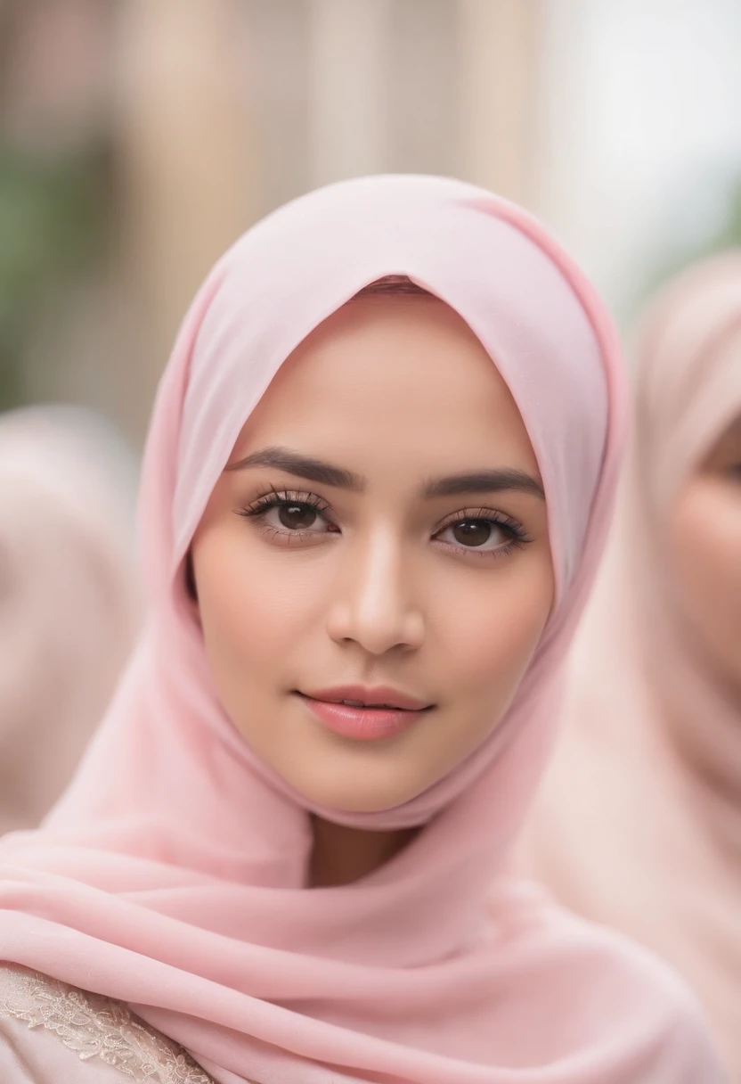 potret foto seorang gadis bandung cantik berhijab dan pipi lesung pipit, (jilbab polos berwarna pink pastel), (potret medium shot:1.3), cahaya dramatis, skema pencahayaan Rembrandt, (hiperrealisme:1.2), (8K UHD:1.2), ( fotorealistik:1.2), dibidik dengan Canon EOS 5D Mark IV, detail wajah, detail tekstur kulit