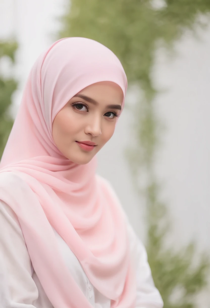 potret foto seorang gadis bandung cantik berhijab dan pipi lesung pipit, (jilbab polos berwarna pink pastel), (potret medium shot:1.3), cahaya dramatis, skema pencahayaan Rembrandt, (hiperrealisme:1.2), (8K UHD:1.2), ( fotorealistik:1.2), dibidik dengan Canon EOS 5D Mark IV, detail wajah, detail tekstur kulit