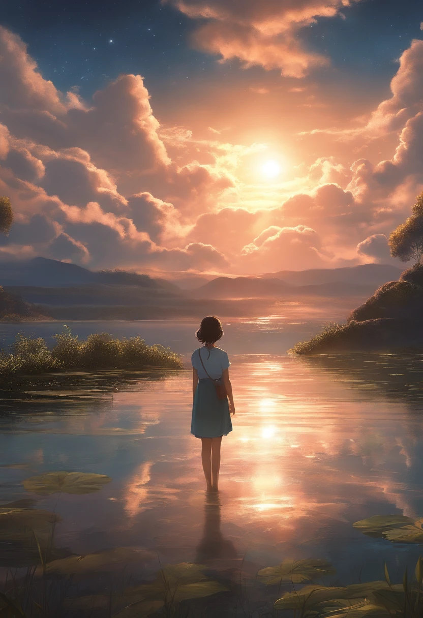 1 girl, eye, Close up, Beautiful night sky, meteor shower, Beyond the clouds, Surrounded by water, pondering, Wide angel, Breathtaking clouds, wide angles, By Makoto Shinkai, tomas kinkade, James Gilead, Landscape through holographic sleep, hdr, voluminetric lighting, Ray tracing, intricate complexity, High details, Very detailed, Deviant-art, 4k vertical wallpaper,, Colorful, Airy, anime illustration, anime nature wallpaper