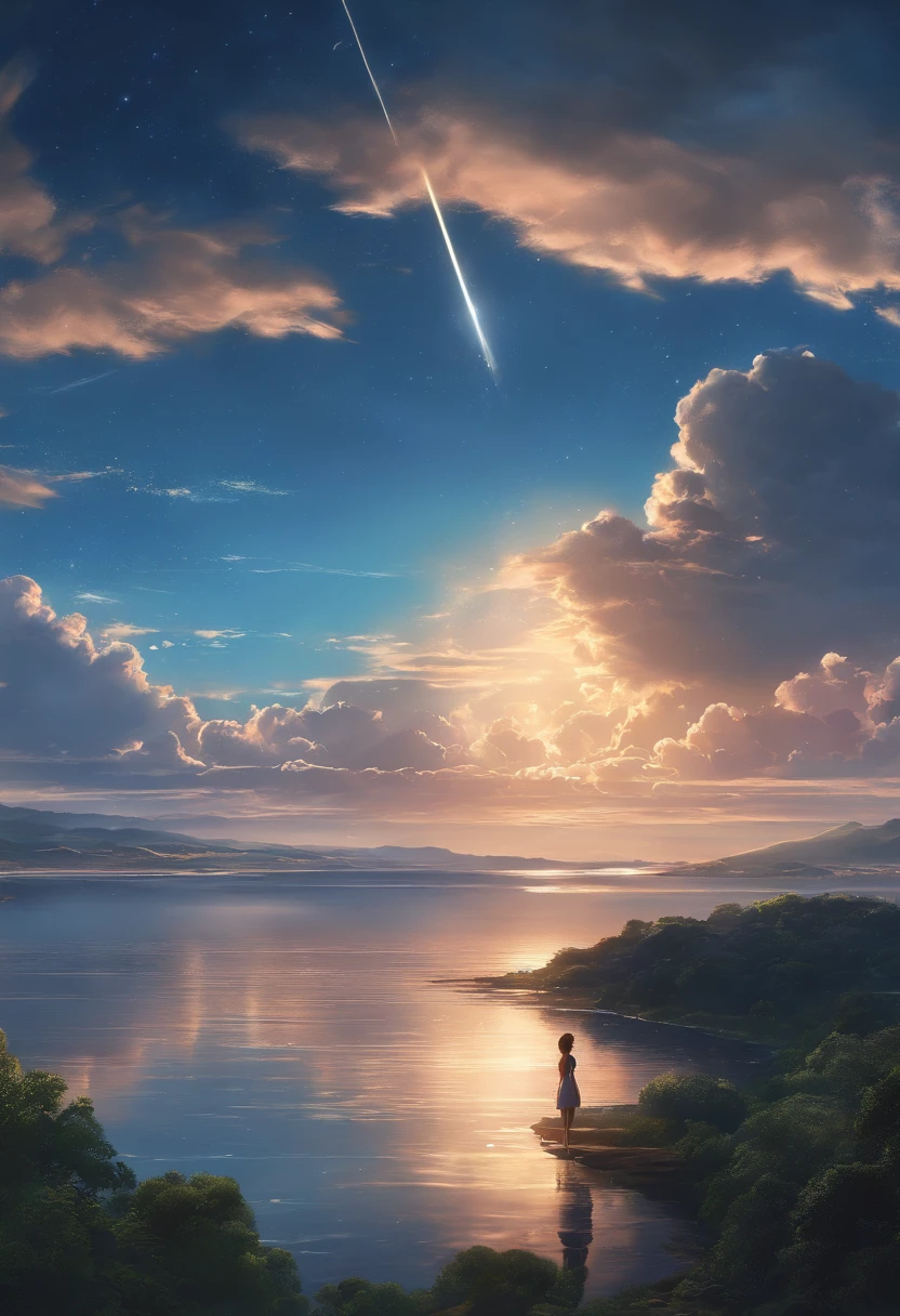 1 girl, eye, Close up, Beautiful night sky, meteor shower, Beyond the clouds, Surrounded by water, pondering, Wide angel, Breathtaking clouds, wide angles, By Makoto Shinkai, tomas kinkade, James Gilead, Landscape through holographic sleep, hdr, voluminetric lighting, Ray tracing, intricate complexity, High details, Very detailed, Deviant-art, 4k vertical wallpaper,, Colorful, Airy, anime illustration, anime nature wallpaper
