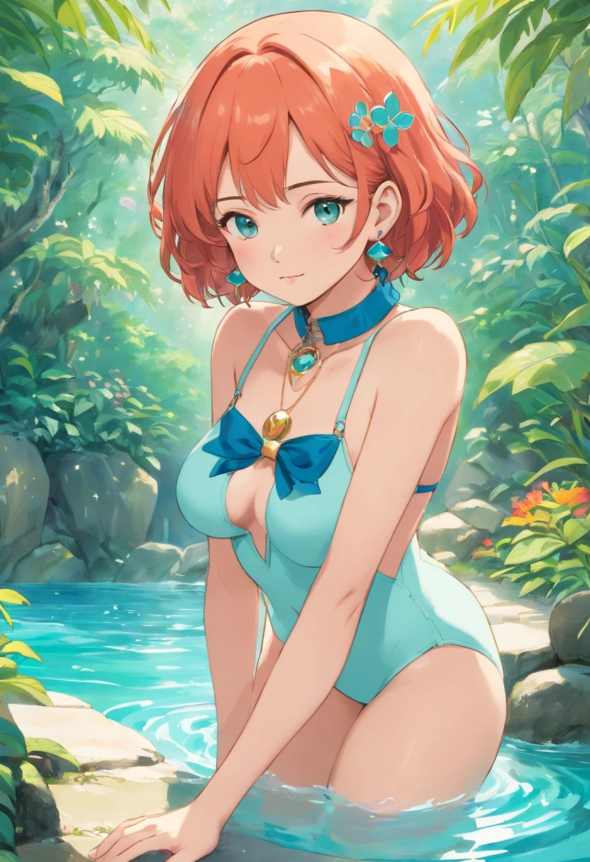 Swimsuit Gravure Idol Girl Wearing Anime Collar, Long necklaces and earrings, In the style of a tranquil garden landscape, colorful animation stills, Masami Teraoka, aquamarine, paul gauguin, Embry style, Honest portrayal