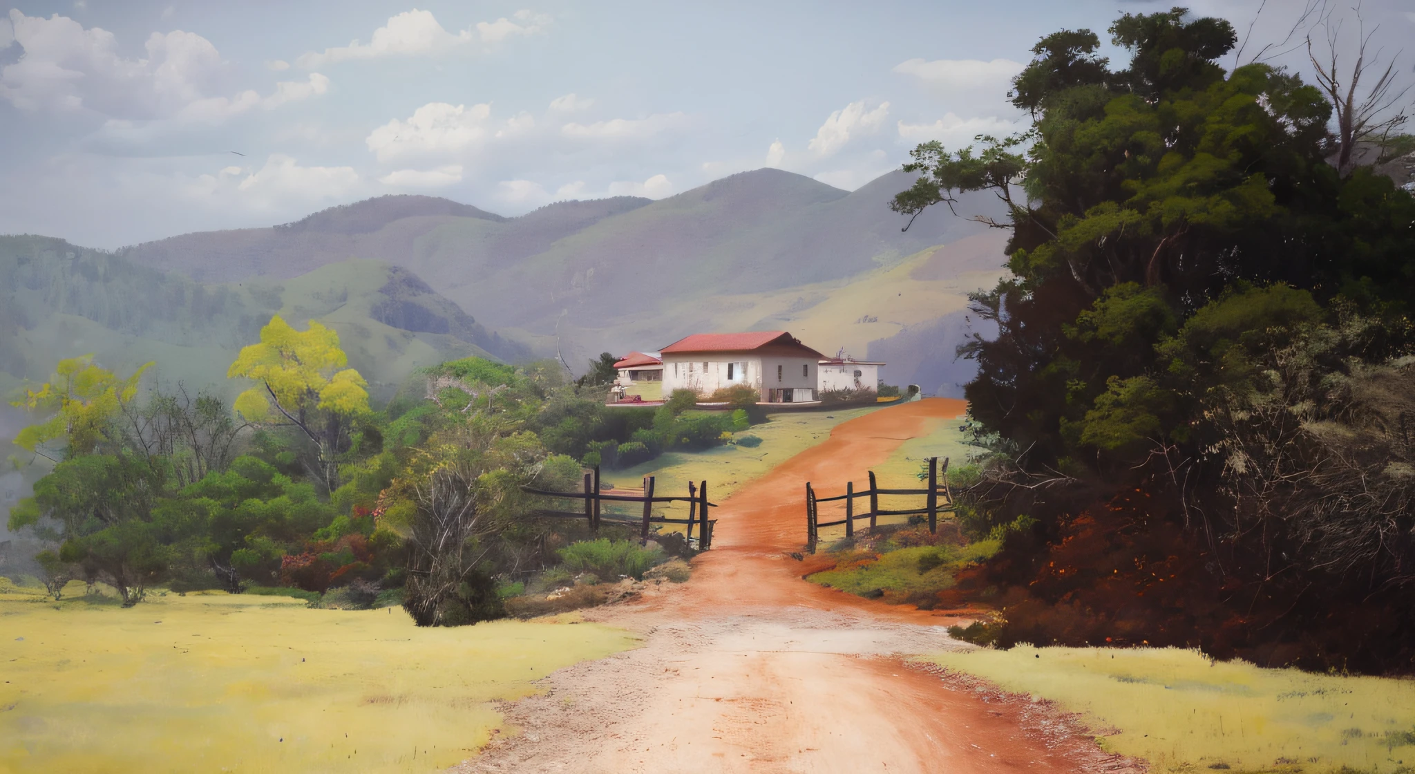 pintura de uma estrada de terra que leva a uma casa nas montanhas, Directed by: Herbert MacNair, country landscape, paisagem rural, Directed by: Rodolfo Escalera, Directed by: Victor Meirelles, Directed by: Willian Murai, rural, paisagem pintada, by Emilio Grau Sala, Directed by: Osvaldo Romberg, Directed by: Maximilian Cercha