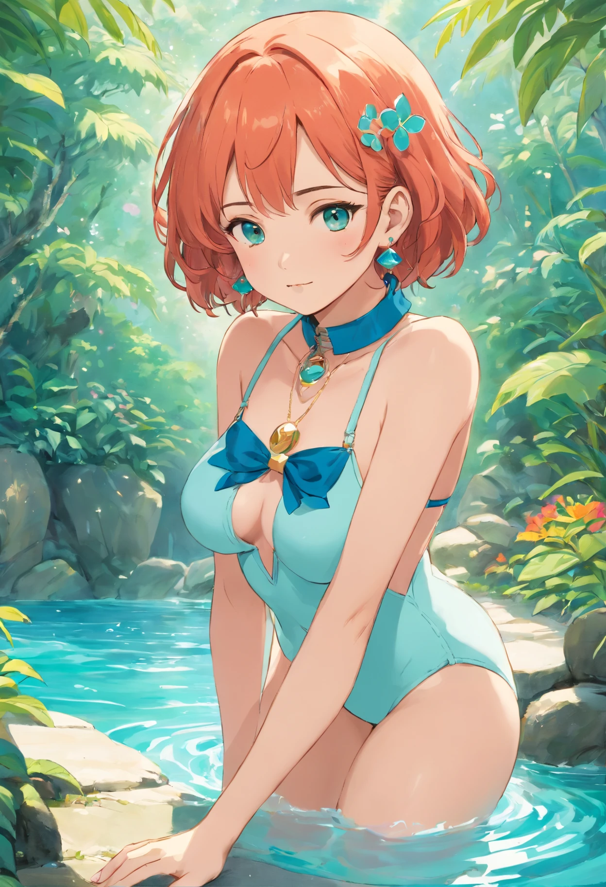 Swimsuit Gravure Idol Girl Wearing Anime Collar, Long necklaces and earrings, In the style of a tranquil garden landscape, colorful animation stills, Masami Teraoka, aquamarine, paul gauguin, Embry style, Honest portrayal