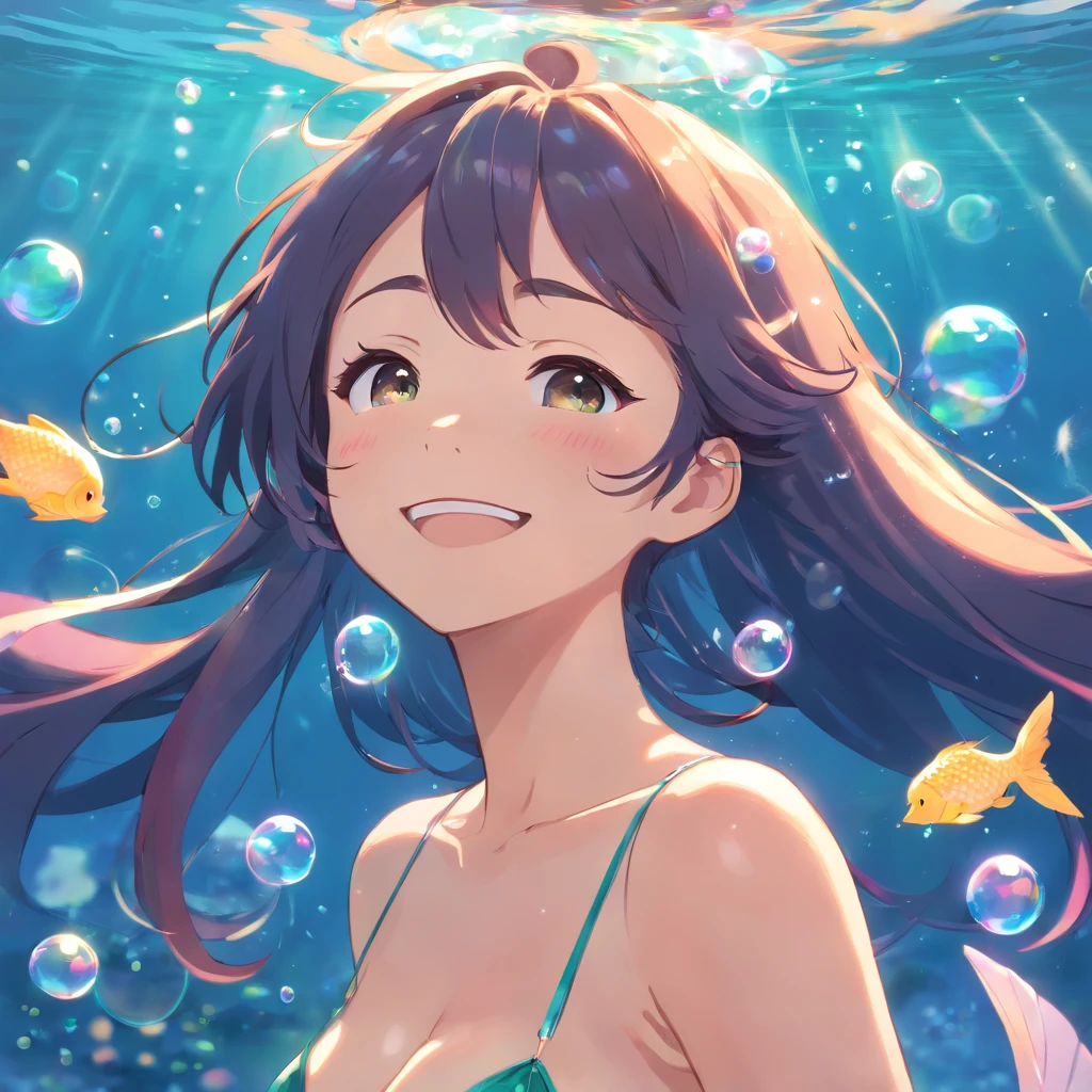 (best quality, masterpiece), mermaid, long hair, topless, huge breasts, closed eyes, full body, underwater, abstract, bubbles, 3/4 view, smiling, arms up, adjusting hair