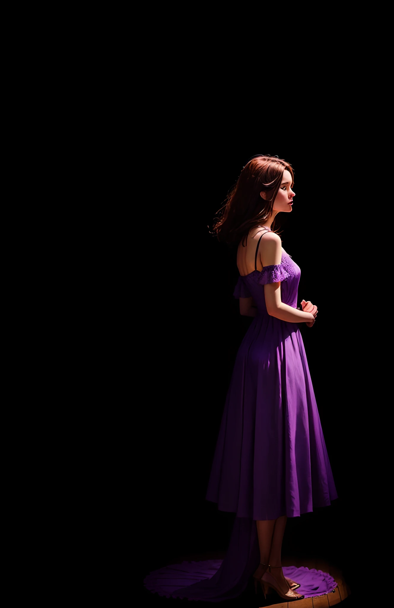 Background is purple, brown hair, woman in a dress, spiritual image.