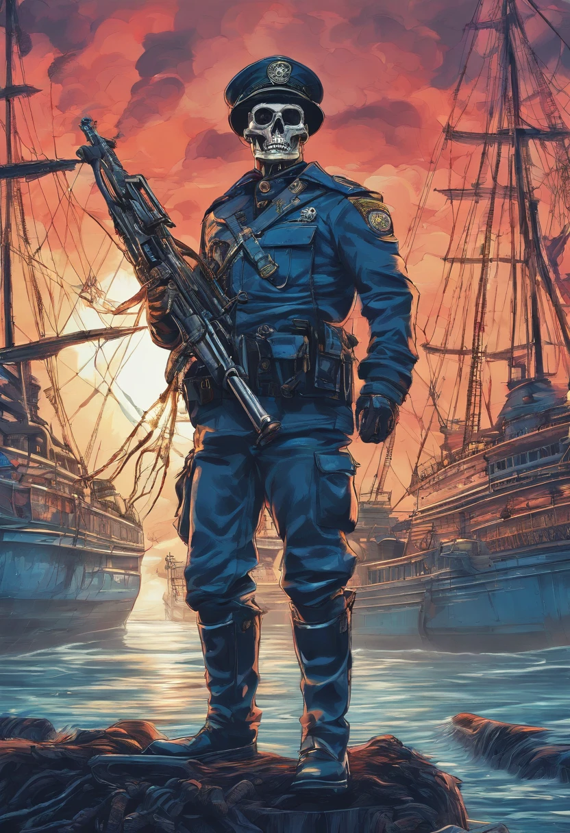 Skull-faced policeman wearing balacrava, bright burning eyes, holding super crafted weapons, super realistic weapons, super detailed weapon, burning penitentiary background, ultra-detailed background, Biomechanics, strange, scary, Nightmare, very bright colors, light particles, with bright light, Mshiff, Wallpaper art, hard line, ultra line, bold line, Wallpaper UHD, fluorescent image, no double face, no error.