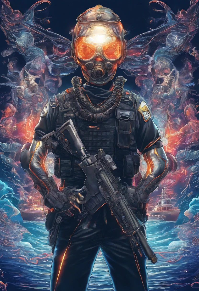 Skull-faced policeman wearing balacrava, bright burning eyes, holding super crafted weapons, super realistic weapons, super detailed weapon, burning penitentiary background, ultra-detailed background, Biomechanics, strange, scary, Nightmare, very bright colors, light particles, with bright light, Mshiff, Wallpaper art, hard line, ultra line, bold line, Wallpaper UHD, fluorescent image, no double face, no error.