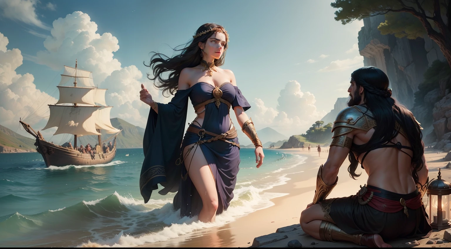 Generate a captivating image that tells the story of Odysseus's encounter with the sorceress Circe on her island of Aeaea. Illustrate the initial magical confrontation where Circe attempts to transform Odysseus, but his resistance and determination intrigue her.