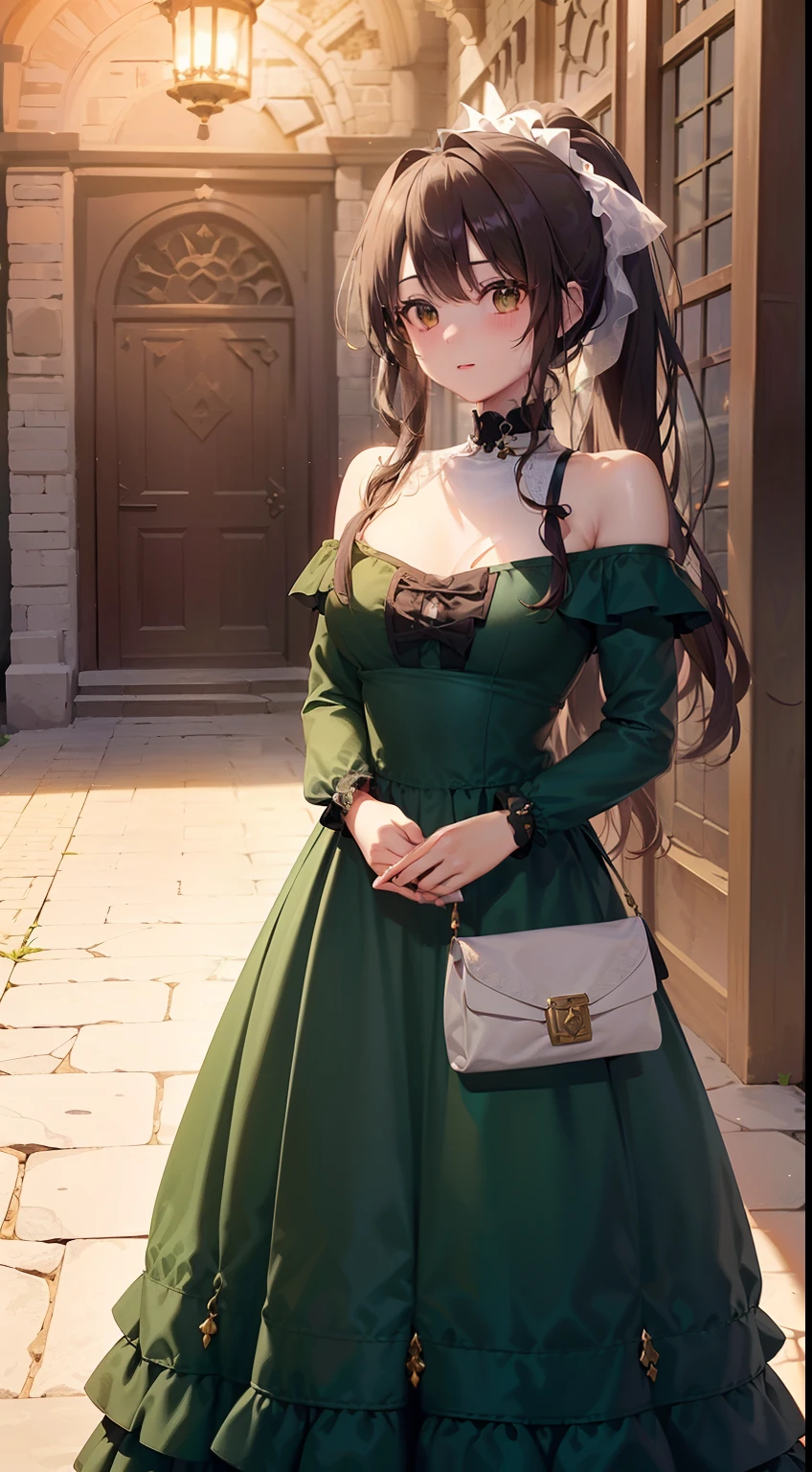 Pristine emerald gothic type long dress with ethereal transparency(Gold and red embroidery,White decoration),masterpiece, top-quality, 超A high resolution,8K,32K,1girl in,Girl getting out of carriage in elegant dress in medieval European town, (Photorealsitic:1.5), natural soft light, Beautiful fece, Detailed puffy eyes, tiny chest, 年轻, A detailed eye, Detailed skin and fabric texture,((curlyhair, cabelos preto e longos,High Up Ponytail,Cute big white ribbon on ponytail)), (((Tube Top,off shoulders,v neck,Emerald Green Silk Long Dress、White decoration))),adolable, striated hair, A smile, a necklace, full body Esbian, is standing, , Japan Lotus Chun, (((Inside a castle in medieval Europe、Emerald green long dress(Gothic loli)),Poses in motion,dynamicposes,dynamic ungle,Background with(stone pavement、Stone corridor,Inside a castle in medieval Europe,rokoko,Brick building,)