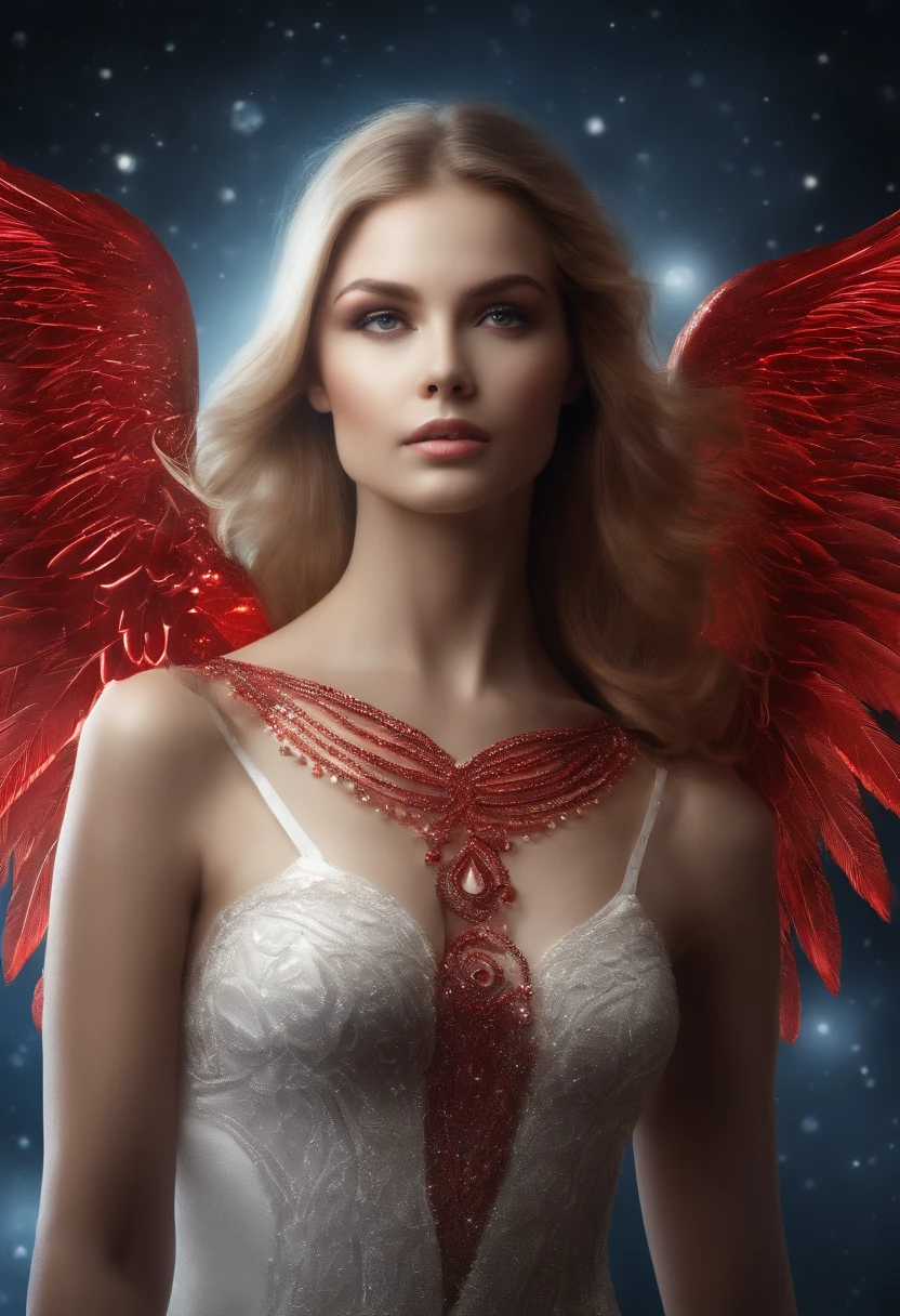cosmic fallen angel, olhos claros brilhantes, Biomechanicals, estranho, assustador, Pesadelo, cores muito brilhantes, light particles, with bright light embracing a beautiful young woman in red, Mshiff, Arte do papel de parede, Papel de parede UHD