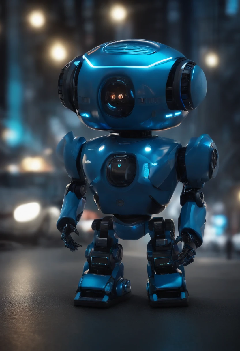 Create an ultra-realistic blue mini robot, usando um computador, com efeitos de neon em um fundo super realista escuro