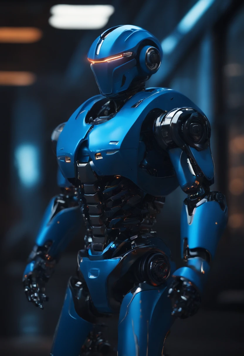Create an ultra-realistic blue mini robot, usando um computador, com efeitos de neon em um fundo super realista escuro