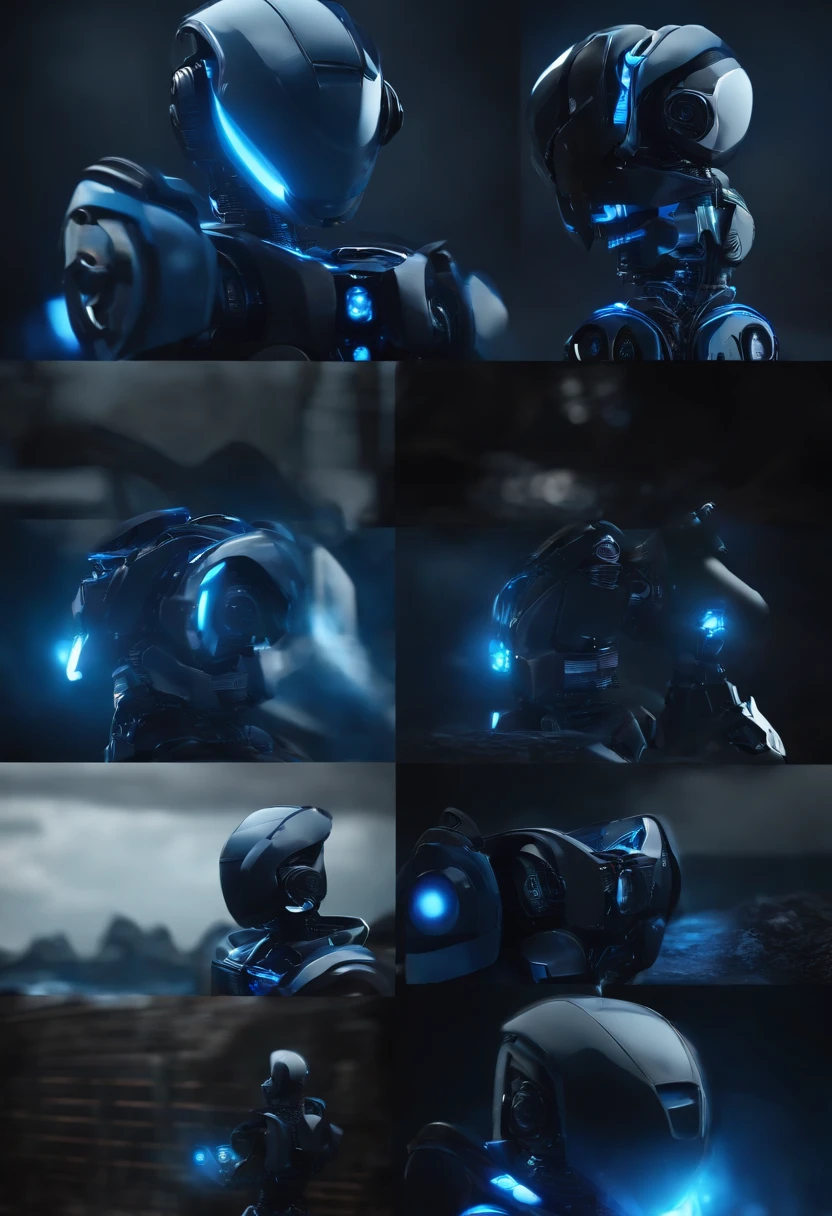 Create an ultra-realistic blue mini robot, usando um computador, com efeitos de neon em um fundo super realista escuro