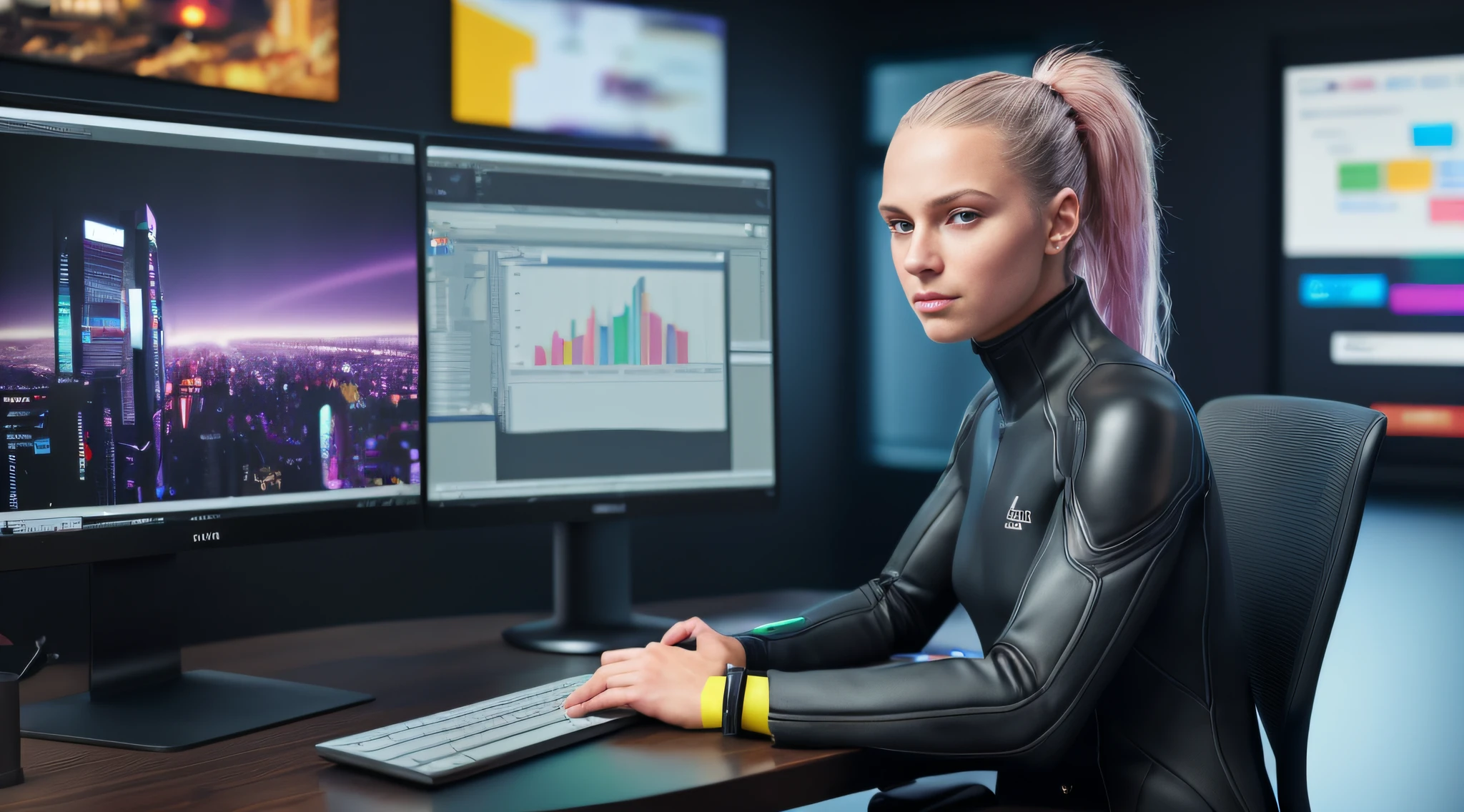 1girl, epic photograph of a girl presenting a computer put on a table, stood up, cyberpunk suit, (futuristic:1.1), (hyperrealism:1.2), (8K UHD:1.2), (photorealistic:1.2), shot with Canon EOS 5D Mark IV, detailed face, detailed hair, perfect eyes, office room, ektachrome, Fujifilm XT3