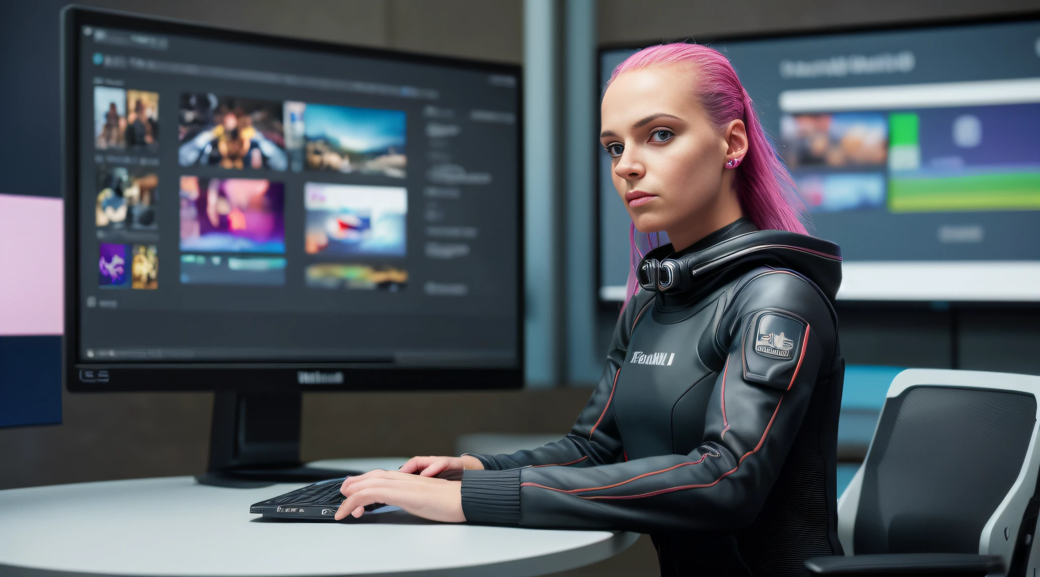 1girl, epic photograph of a girl presenting a computer put on a table, stood up, cyberpunk suit, (futuristic:1.1), (hyperrealism:1.2), (8K UHD:1.2), (photorealistic:1.2), shot with Canon EOS 5D Mark IV, detailed face, detailed hair, perfect eyes, office room, ektachrome, Fujifilm XT3