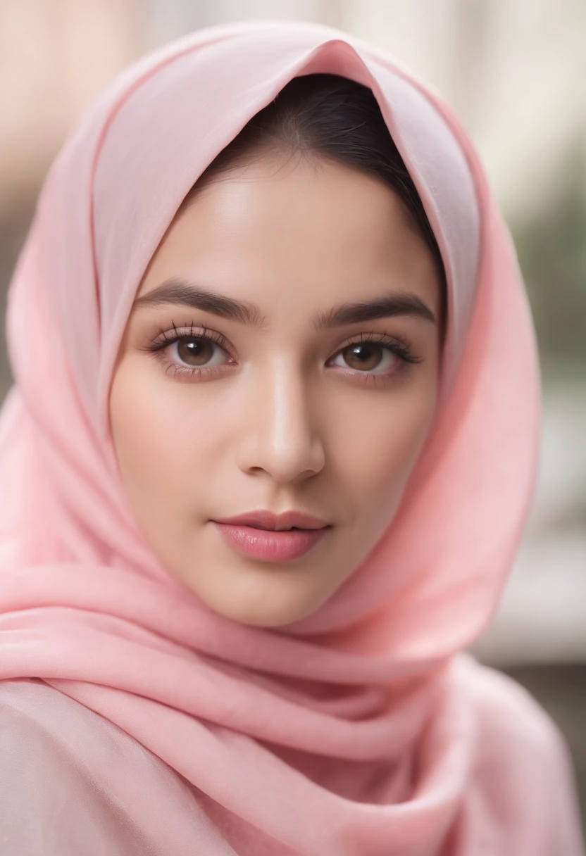 Photo portrait of a beautiful Bandung girl wearing a hijab and dimples, around 17 years old, (plain pink hijab), (portrait medium shot:1.3), dramatic light, Rembrandt lighting scheme, (hyperrealism:1.2), (8K UHD: 1.2), ( photorealistic:1.2), shot with Canon EOS 5D Mark IV, facial detail, skin texture detail