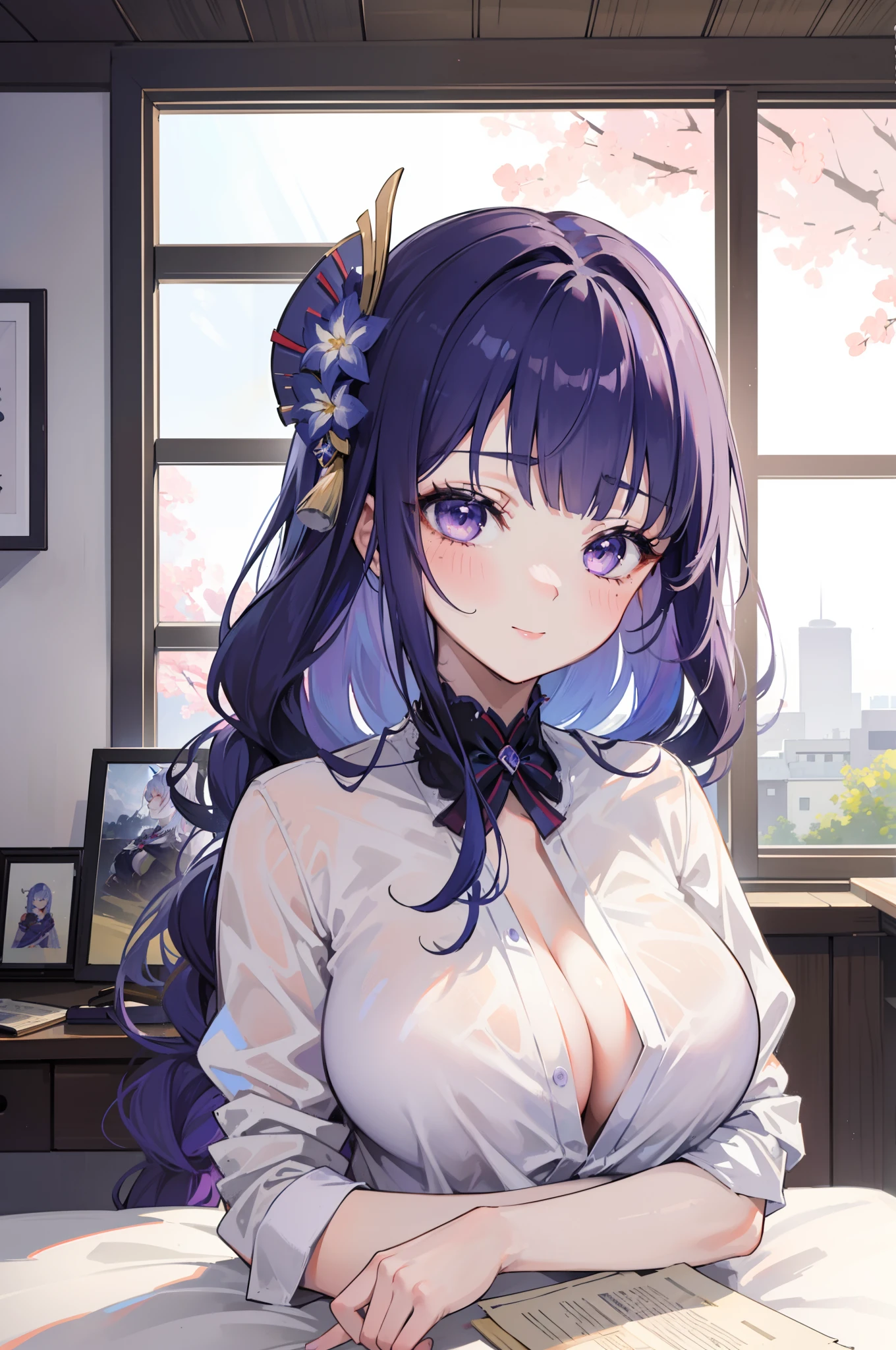 (masterpiece)1 girl, Sangonomiya Kokomi, Genshin Impact, best quality, expressive eyes, perfect face, upper Big body, smile, blush, Wearing Wet Office Shirt, indoors, day, simple background, Laying in Bed, looking , Bright sky, looking at viewer, stairs, moody lighting