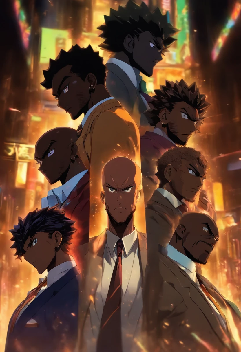 Make three men in a bar, the first two are wearing a suit and are bald and one of them is black skinned, the third is brown skinned and and has medium curly hair is wearing an overall and a suit underneath, cinematic backdrop, 8k, no imperfections, perfect painting, beautiful, master piece, best quality
