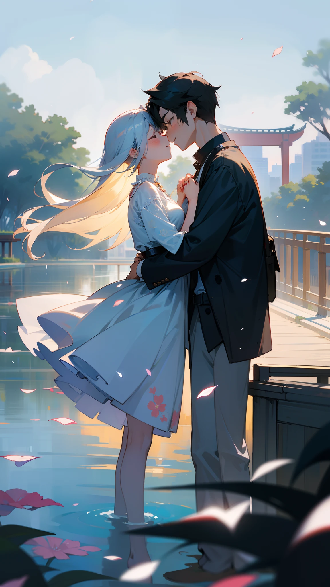 ((Masterpiece,Best quality,modern)), Descriptors：Warm、𝓡𝓸𝓶𝓪𝓷𝓽𝓲𝓬、delight、blissful、Heartwarming、sweet

Screen description：On a welcoming evening，Soft moonlight shines in a small park。There is a small bridge in the middle of the park，On the bridge stood a young couple。The boy hugged the girl tightly，The girl's face was filled with a happy smile。Behind the two is a beautiful sea of flowers，Petals drifted around them with the breeze。The park is filled with a faint floral fragrance，Makes it feel peaceful and reassuring。The whole picture exudes a romantic and warm atmosphere，It conveys the deep love between the two。