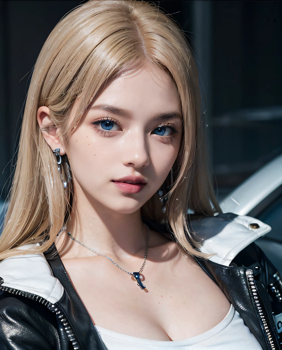 1girl, (Blue Eyes), smiling, (Sana Minatozaki), (extreme close-up at tits :1.4), wide hips, Big Boobs, big ass, (Best Quality, 8k, Masterpiece: 1.3), Clear Focus: 1.2, Perfect Body Beauty: 1.4 , Slender Abs: 1.2, Highly detailed face and skin texture, detailed eyes, double eyelids,black lips, (blonde long hair), (skull necklace), (sparkly earrings), (white tanktop and black leather jacket), standing