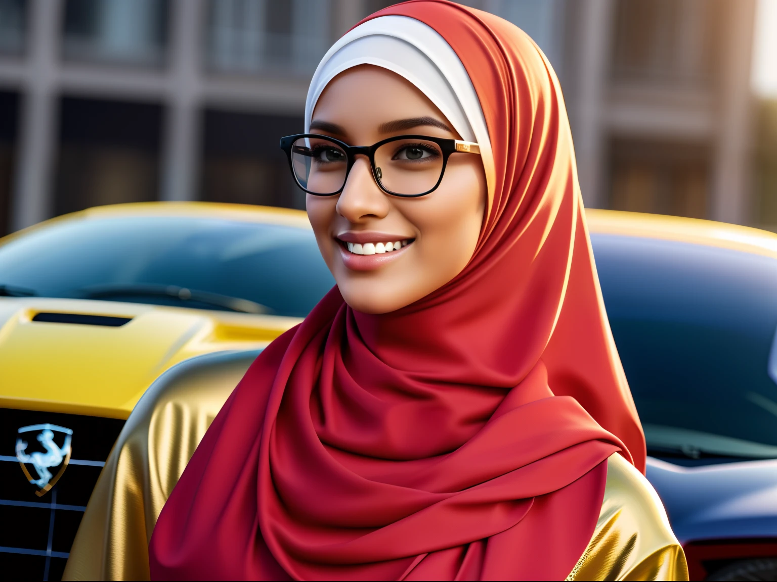 ultra realistic,16k, enhanced quality, perfect face, perfect hands, perfect body, ultra detailed,1girl, perfect hair, girl wearing glasses, perfect glasses, perfect smile, ultra realistic, standing in close to Ferrari , girl look at viewer, girl wearing perfect hijab, full body shot, ultra realistic particles, perfect duck lips, Islamic hijab,