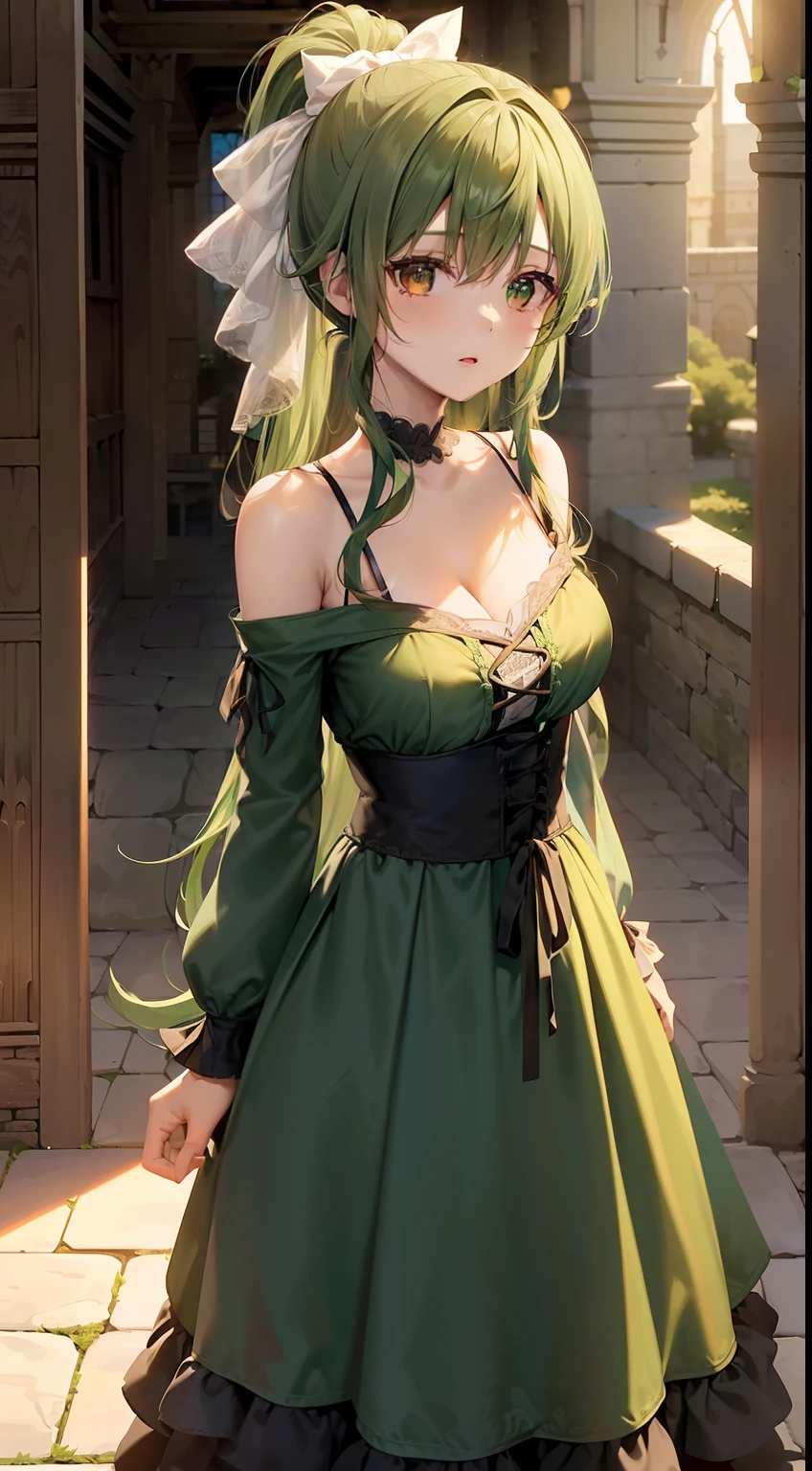 Pristine emerald gothic type long dress with ethereal transparency(Gold and red embroidery,White decoration),​masterpiece, top-quality, 超A high resolution,8K,32K,1girl in,Girl walking in stone corridor of medieval Europe, (Photorealsitic:1.5), natural soft light, Beautiful fece, Detailed puffy eyes, tiny chest, 年轻, A detailed eye, Detailed skin and fabric texture,((curlyhair, cabelos preto e longos,High Up Ponytail,Cute big white ribbon on ponytail)), (((Tube Top,off shoulders,v neck,Emerald Green Silk Long Dress、White decoration))),adolable, striated hair, A smile, a necklace, full body Esbian, is standing, Teen, Japan Lotus Chun, (((Inside a castle in medieval Europe、Emerald green long dress(Gothic lolita)))),Poses in motion,dynamicposes,dynamic ungle,Background with(stone pavement、Stone corridor,Inside a castle in medieval Europe,rokoko,gotik,Brick building,)