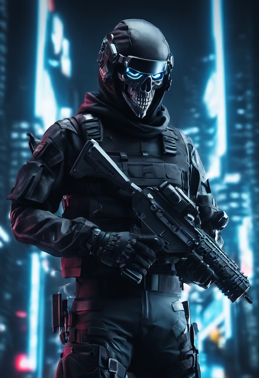 Skull-faced policeman wearing balacrava, bright burning eyes, holding super crafted weapons, super realistic weapons, super detailed weapon, burning penitentiary background, ultra-detailed background, Biomechanics, strange, scary, Nightmare, very bright colors, light particles, with bright light, Mshiff, Wallpaper art, hard line, ultra line, bold line, Wallpaper UHD, fluorescent image, no double face, no error.