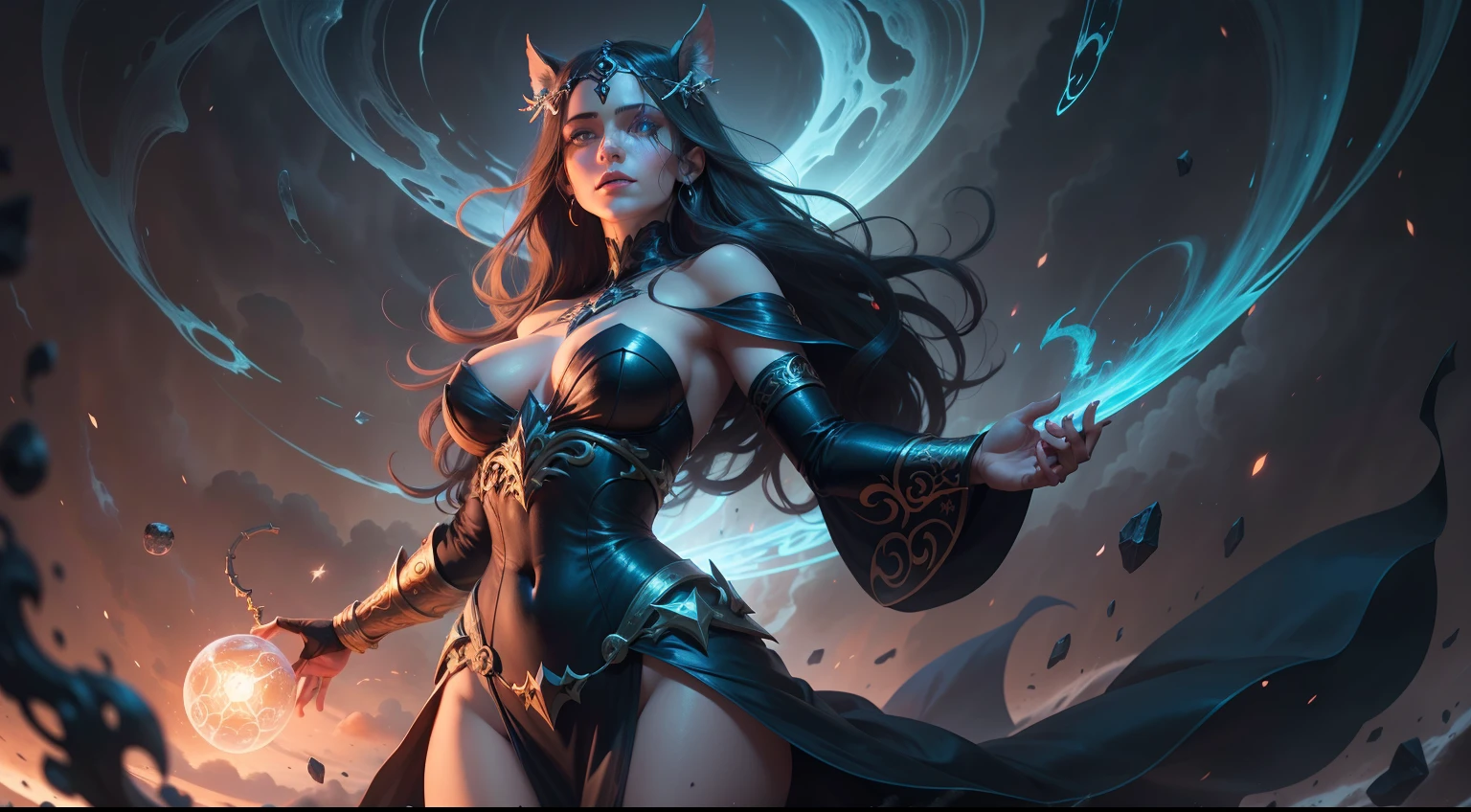 Generate a striking image that showcases the incredible magical abilities of the powerful sorceress Circe. Illustrate Circe in her full magical glory, surrounded by swirling storms and mystical concoctions.