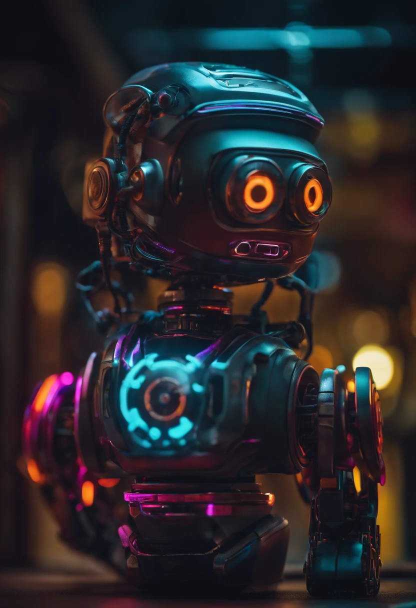 Create a realistic mini robot, usando um computador no escuro, estilos de neon