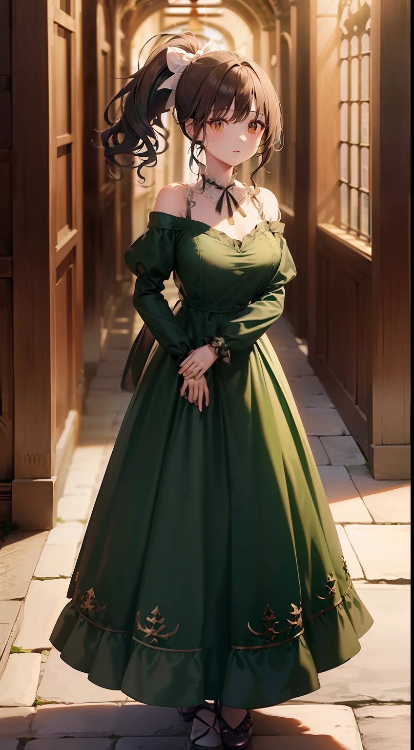 Pristine emerald gothic type long dress with ethereal transparency(Gold and red embroidery,White decoration),masterpiece, top-quality, 超A high resolution,8K,32K,1girl in,Girl walking in stone corridor of medieval Europe, (Photorealsitic:1.5), natural soft light, Beautiful fece, Detailed puffy eyes, tiny chest, 年轻, A detailed eye, Detailed skin and fabric texture,((curlyhair, cabelos preto e longos,High Up Ponytail,Cute big white ribbon on ponytail)), (((Tube Top,off shoulders,v neck,Emerald Green Silk Long Dress、White decoration))),adolable, striated hair, A smile, a necklace, full body Esbian, is standing, , Japan Lotus Chun, (((Inside a castle in medieval Europe、Emerald green long dress(Gothic loli)),Poses in motion,dynamicposes,dynamic ungle,Background with(stone pavement、Stone corridor,Inside a castle in medieval Europe,rokoko,gotik,Brick building,)