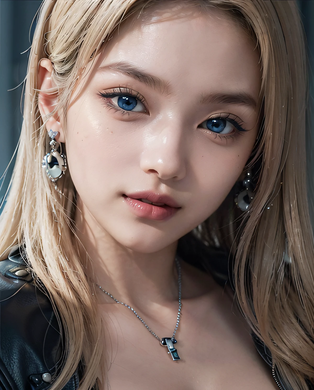 1girl, (Blue Eyes), smiling, (Sana Minatozaki), (extreme close-up at tits :1.4), wide hips, Big Boobs, big ass, (Best Quality, 8k, Masterpiece: 1.3), Clear Focus: 1.2, Perfect Body Beauty: 1.4 , Slender Abs: 1.2, Highly detailed face and skin texture, detailed eyes, double eyelids,black lips, (blonde long hair), (skull necklace), (sparkly earrings), (white tanktop and black leather jacket), standing