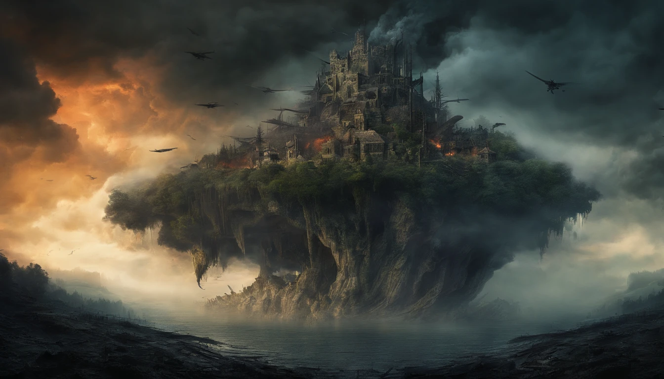 (sci-fi art:1.5), sci-fi postapocalyptic world, (a flying island:1.7), a white flying castle is located on it, (huge mechanisms spew clouds of smoke:1.3), panoramic view, clouds of smoke, storm clouds, (masterpiece), (vivid colors:1.6)