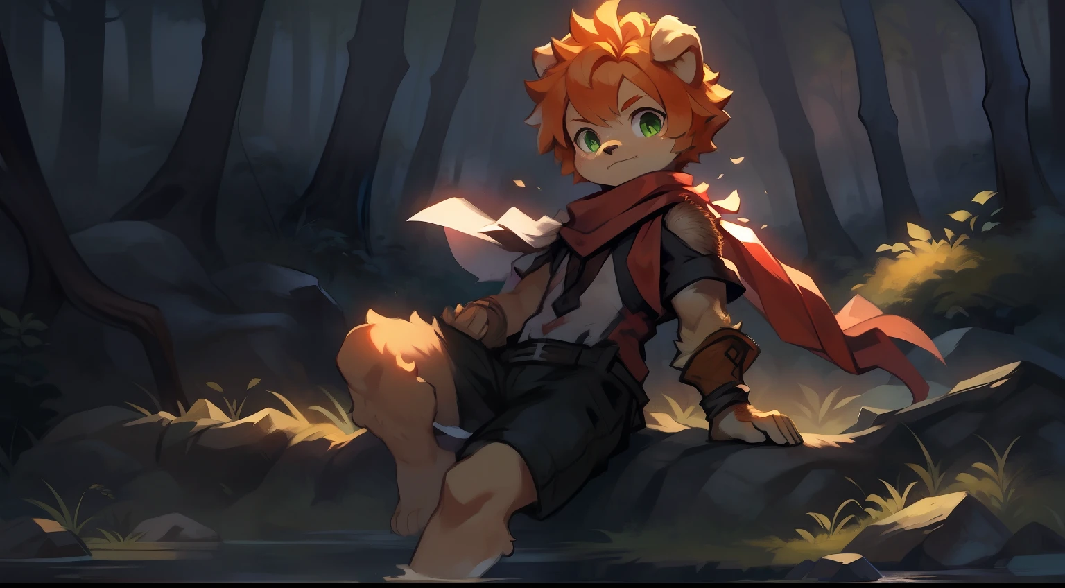 sfv, child, Scarf, fantasy, Adventure, forest,short- sleeved, Green eyes, Orange hair, Boy, ???, Red scarf, Long shorts, Solo, Pants, 1 baby boy,, Very good figure, Handsome,whaite hair,(sheepdog),Hairy body,Detailed fur