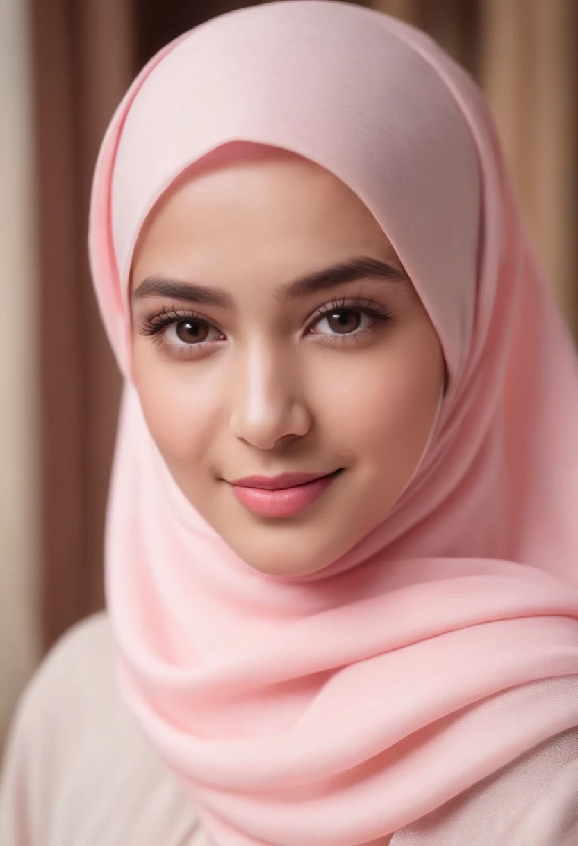Photo portrait of a beautiful Bandung girl wearing a hijab and dimples, around 17 years old, (plain pink hijab), (portrait medium shot:1.3), dramatic light, Rembrandt lighting scheme, (hyperrealism:1.2), (8K UHD: 1.2), ( photorealistic:1.2), shot with Canon EOS 5D Mark IV, facial detail, skin texture detail. smiling looking at the camera