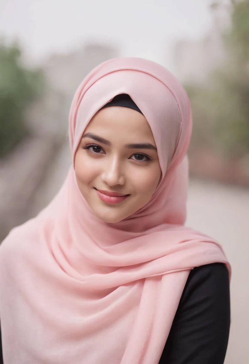 Photo portrait of a beautiful Bandung girl wearing a hijab and dimples, around 17 years old, (plain pink hijab), (portrait medium shot:1.3), dramatic light, Rembrandt lighting scheme, (hyperrealism:1.2), (8K UHD: 1.2), ( photorealistic:1.2), shot with Canon EOS 5D Mark IV, facial detail, skin texture detail. smiling looking at the camera