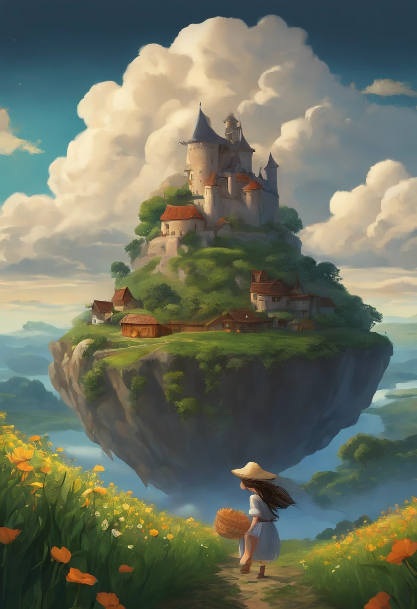 she's just a simple girl working on a farm. she lives in hard times., it's the dark ages. , crazy world, floating islands, cloud castle, (best quality:1.3), (highres:1), (detailed:1.3), (incredible:1.3), (perfect:1.3), (perfection:1.3), (volume cover art:0), (illustration:1.3), art by studio ghibli