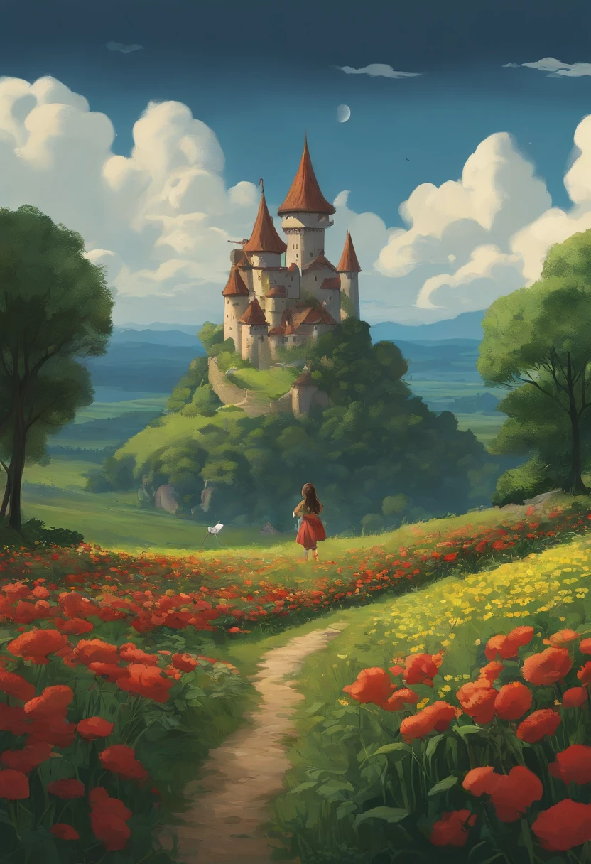 she's just a simple girl working on a farm. she lives in hard times., it's the dark ages. , crazy world, floating islands, cloud castle, (best quality:1.3), (highres:1), (detailed:1.3), (incredible:1.3), (perfect:1.3), (perfection:1.3), (volume cover art:0), (illustration:1.3), art by studio ghibli