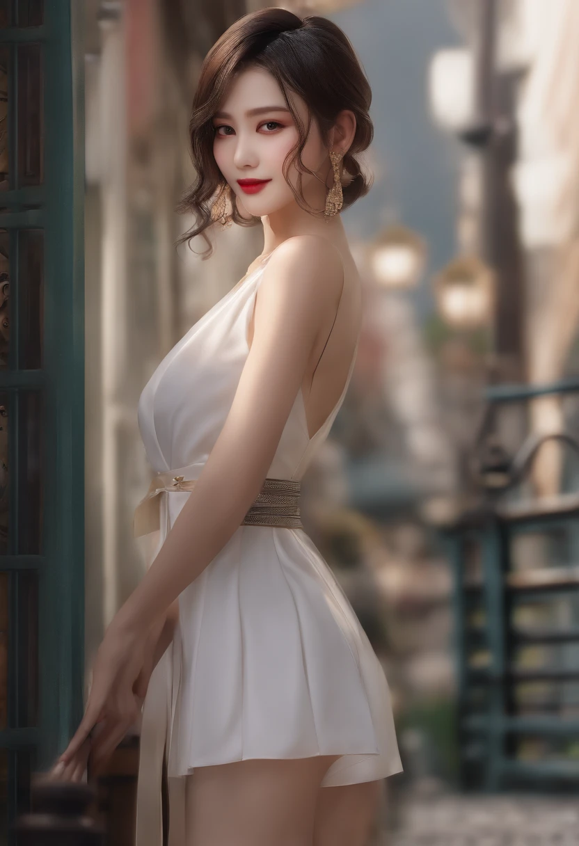 ((top-quality、8k、​masterpiece:1.3))、1girl in、a smile、full bodyesbian、Slim Faces、Pretty women、(dark brown  hair)、bobhair、Beautiful casual clothes:1.1、hyperdetailed face、A detailed eye、二重まぶた、blured background、Slim Faces、城市、takeout、a street、Rear view、facing back、Turn your face away